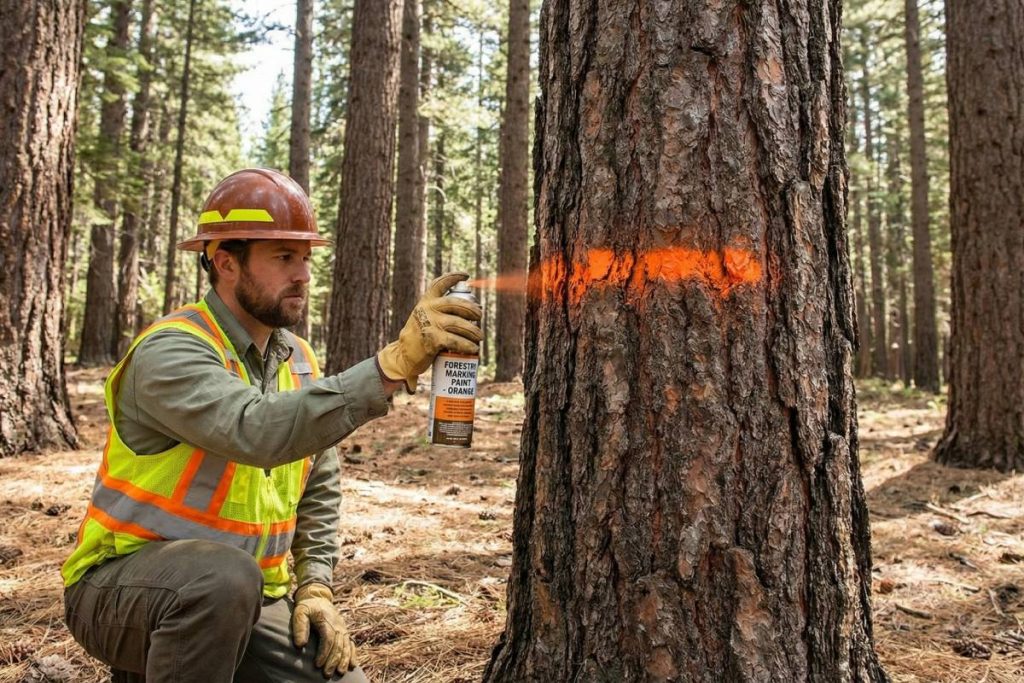 Forester applying specialized, water-based tree marking forestry paint to a mature tree trunk