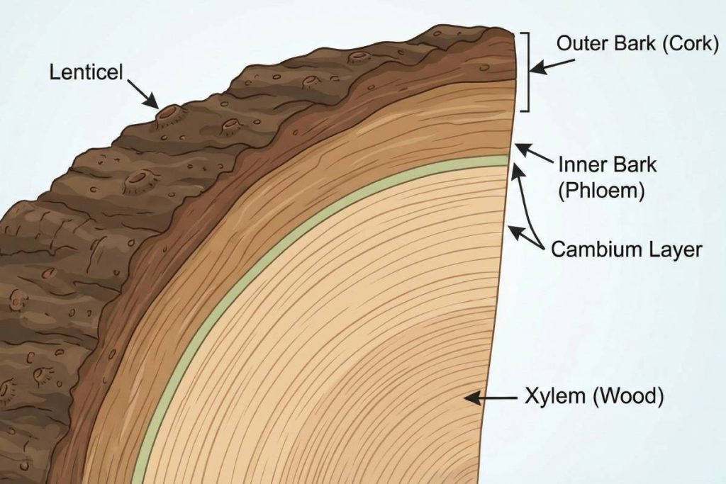 Diagram showing how spray paint chemicals penetrate tree bark lenticels and damage the vital cambium layer